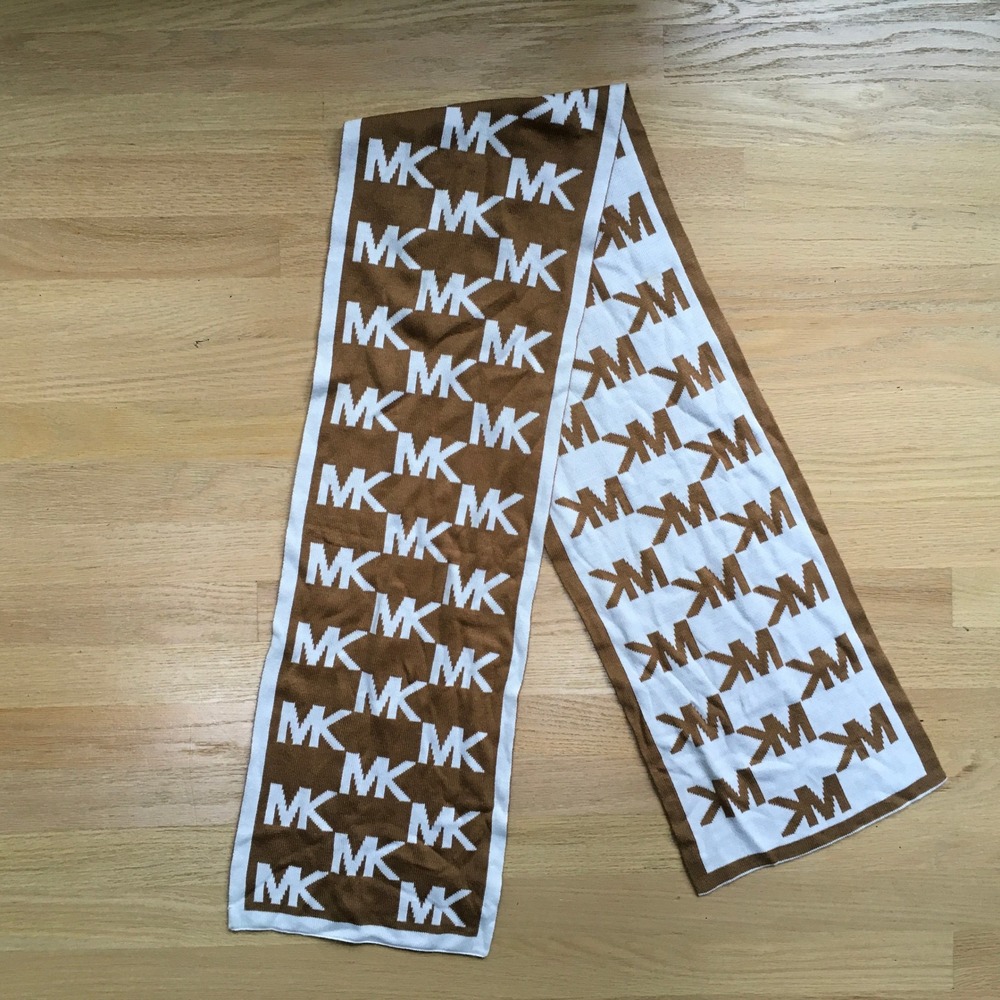 Michael Kors MK Logo Knit Scarf Brown White Reversible Monogram Winter Wrap